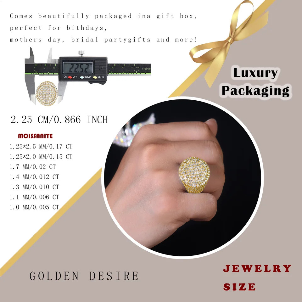 11.9 CTW Hip Hop Statement Diamond Ring for Men 18K Gold Plated S925 Sterling Silver with Bold Urban n 250227