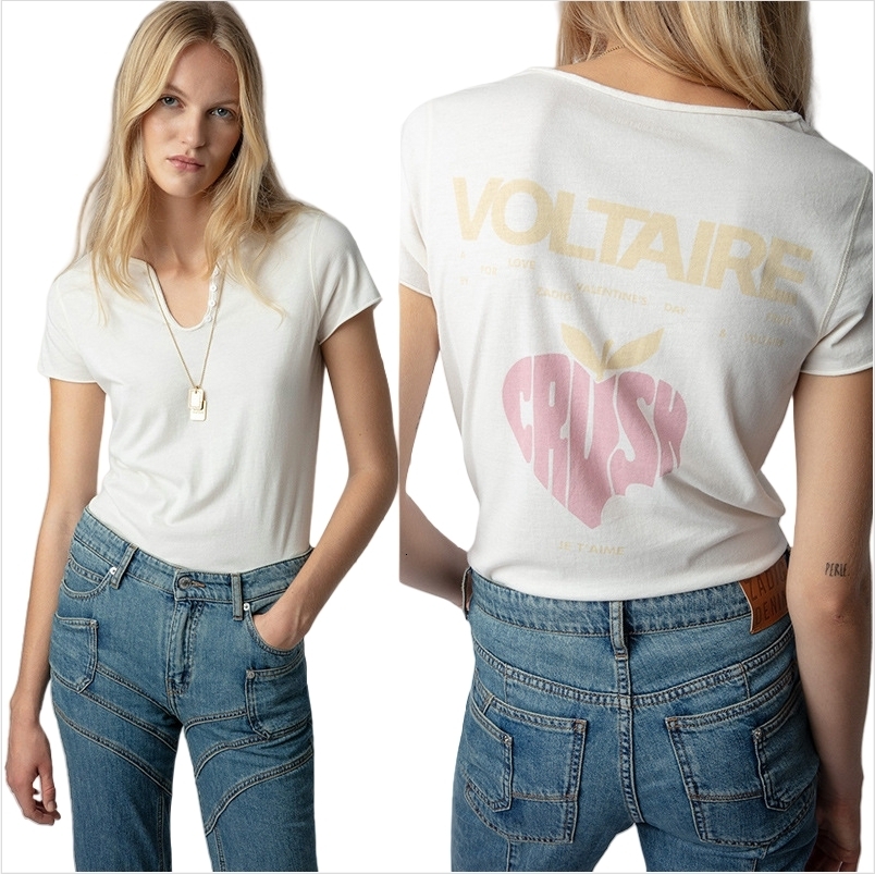 25ss Voltaires Top Designer Summer Soft Cotton T-shirt Zadiig New Back Letter Apple Love Print U-neck Tees Women Casual Versatile Short Sleeved Loose Pullover T shirt