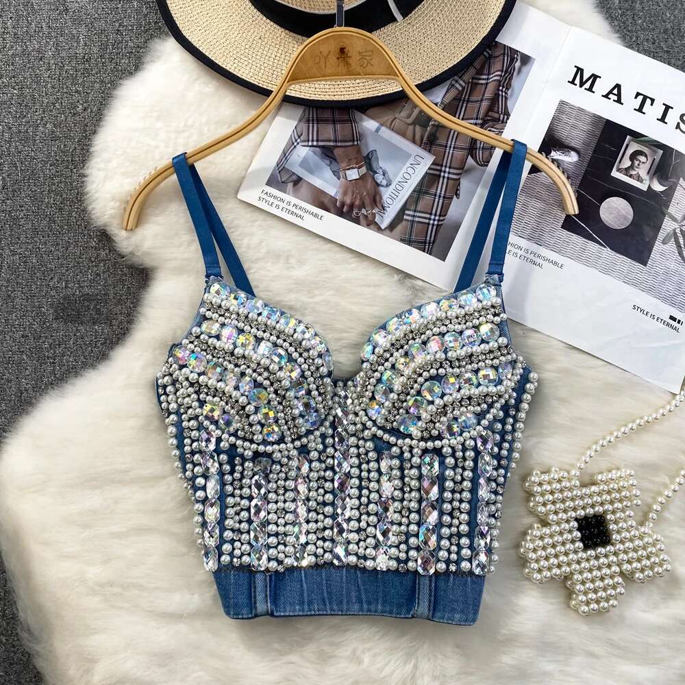 Women Summer Denim Camisole Corset Top Build In Bra Crystal Dias Pearl Jeans Tops High Street Club Party Nightwears
