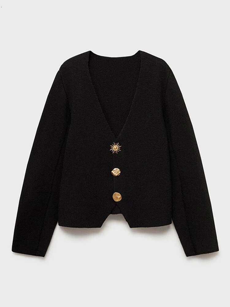 Designer Fashion Women's Black Cardigan Top Knit Slim Metal Button V-Neck Long Sleeve Female Sweater 2025 Spring Lady Thick Soft Knitwear