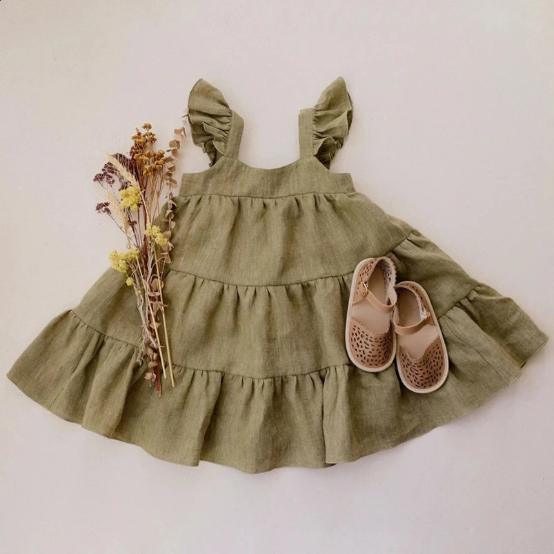 Ruffles Lace Girls Beach Dress Summer Vintage Linen Cotton Infant Kids Dresses for Girls Clothing Toddler Girls Cake Dress Child 250228