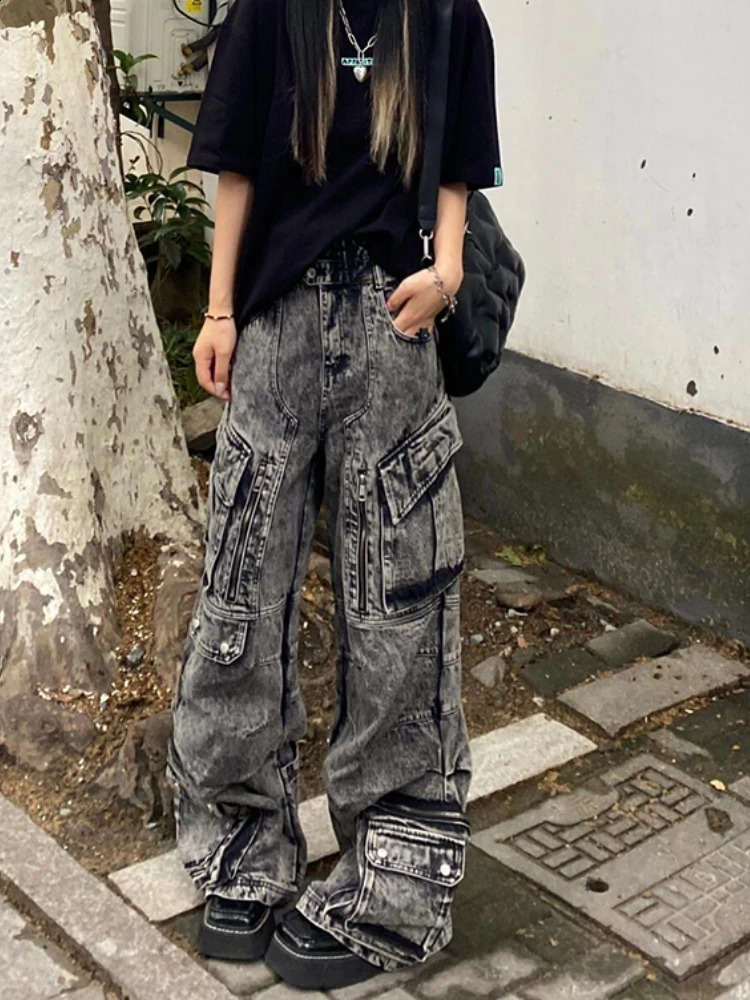High Street Jeans Women Loose Multi Pockets ed Vintage Couples Streetwear American Wide Leg Trouser K Pop Clothing Daily 250224
