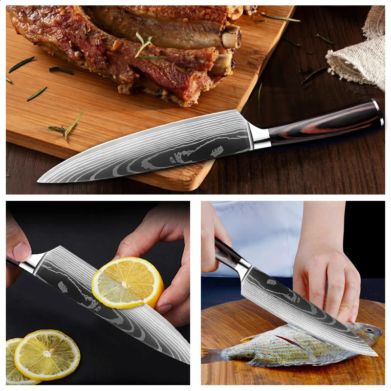 Kitchen Knife Set Damascus Pattern Stanless Steel Japanese Santoku Knife Cleaver Slicing Utility Knife 250226