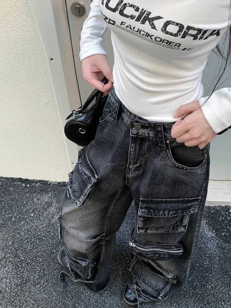 Garbage Y2K Street Laundry Black Luggage Cargo Jeans Womens Clothing Wide Leg Multi Pocket Gothic Womens Handcart 250225