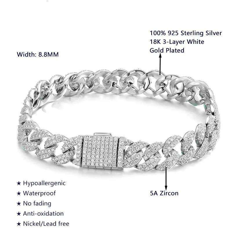 8.8MM Cuban Tennis Bracelet for Man Full Dia Sparkg Zircon Sterg Sier Plated White Gold Party Bracelets Jewelry