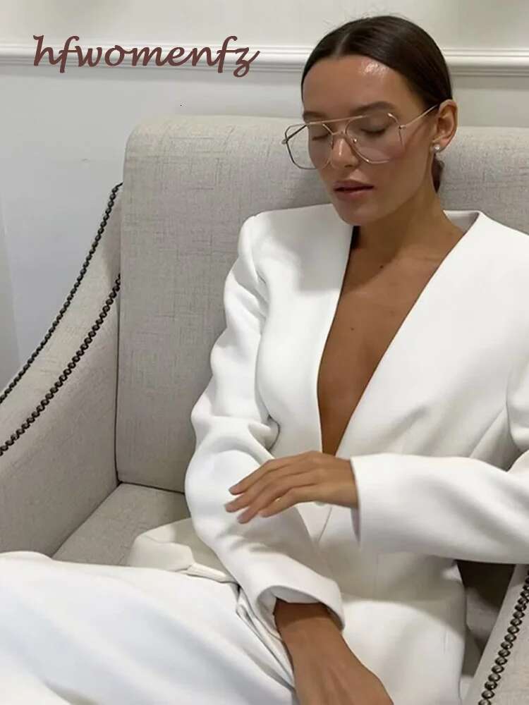 Designer Women White 2 Pieces Set Deep V-Neck Single Breasted Blazer Coat High Waist Pants Female Chic 2025 Spring Office Lady Outfits