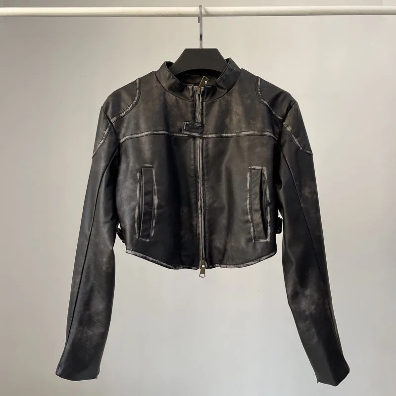 Vintage Black Brown PU Faux Leather Cropped Biker Moto Jacket Women Zipper Coat Outwear Stylish Top Kpop Outdoor
