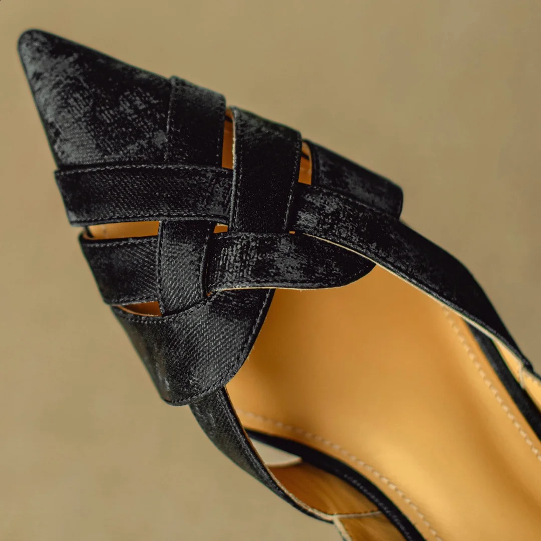 Womens genuine leather narrow band cross strap pointed toe slingback kitten heel sandals summer heeled shoes for woman 250228