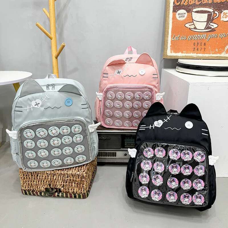 Y2k New Cute Cat Transparent Backpack Kawaii Haruku Girl Ita High-Capacity Student Knapsack Teenage DIY Display School Bag