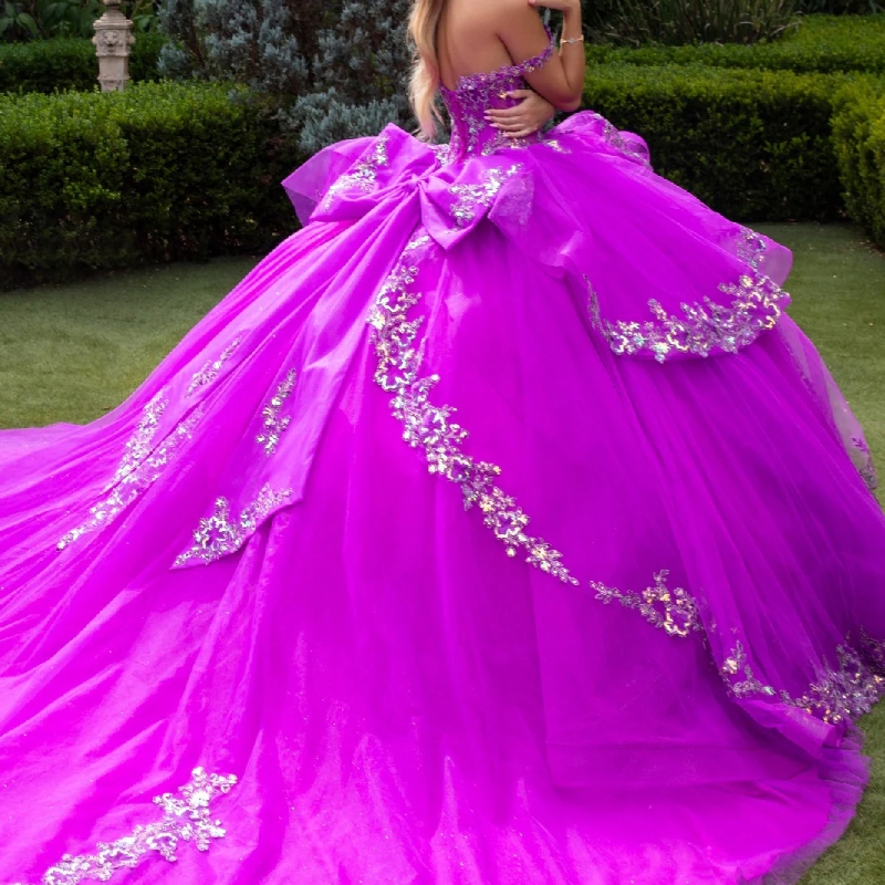 Purple Shiny Quinceanera Dresses Ball Gown Off The Shoulder Applique Lace Bow Beads Tull Party Birthday Sweet 16 Vestidos 15 De Anos