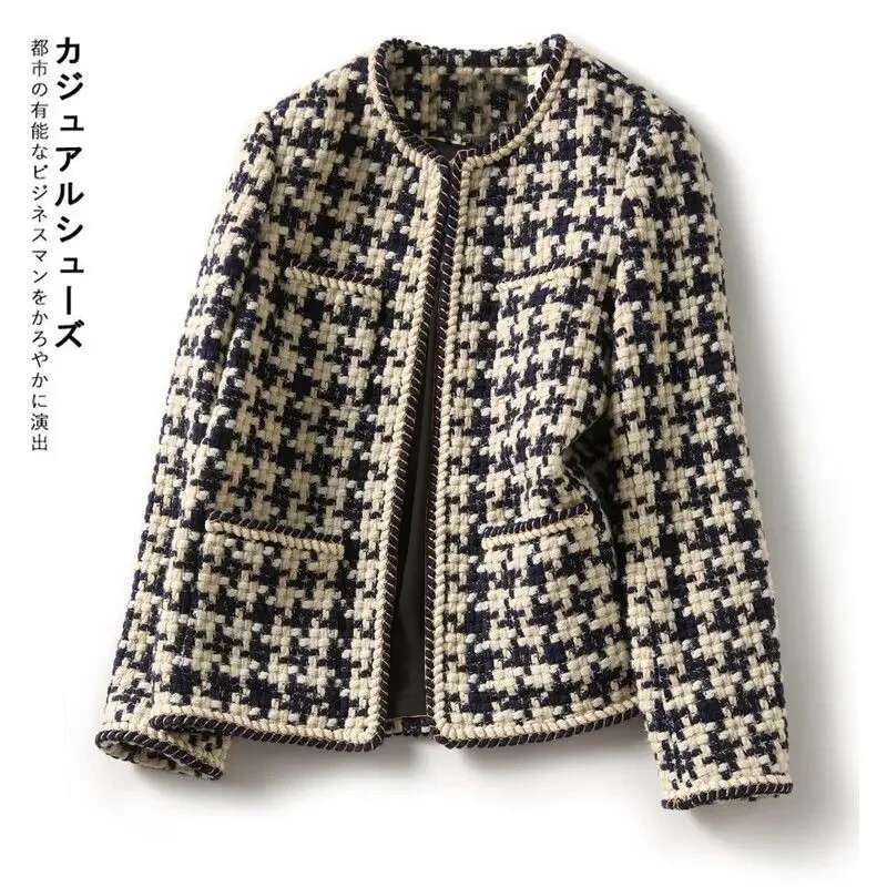 Silk Bright E Decoration Plaid Vintage O-Neck Long Sleeve Women's Jacket Covered Button Short Jackets Coat For Women
