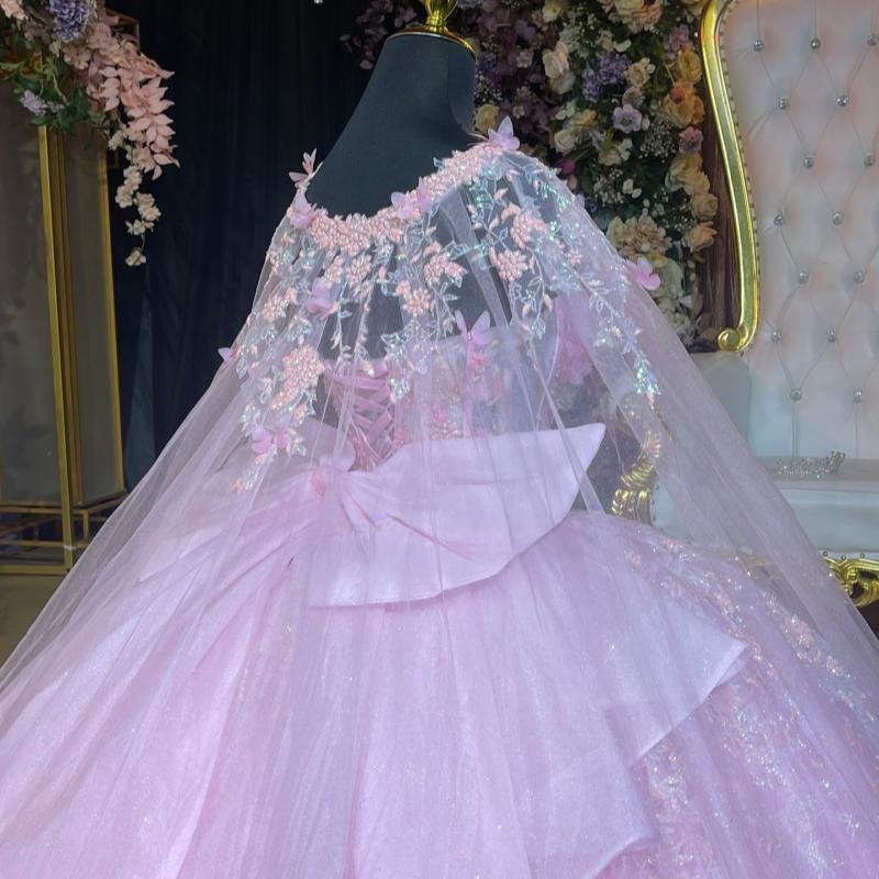 Pink Shiny Quinceanera Dresses Ball Gown Off The Shoulder Sequin Applique Lace Bow Beads Tull Party Birthday Sweet 16 Vestidos 15 De Anos
