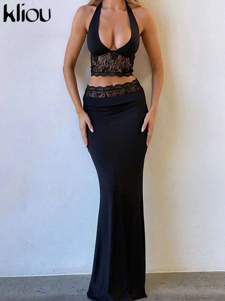 Kliou Lace Patchwork Women 2 Piece Set Halter Fashion Backless Sheer V-Neck Tanks+Trim Matching Long Skirts Mujer Elegant Suits