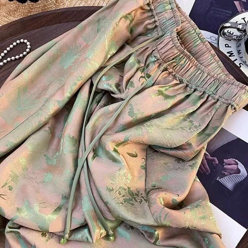 2025 New Women's Printed Pants with Elastic Waist, Full Length, Spring/Summer Casual, Loose, High Street Fashion, Niche Design, Full Style, Popul