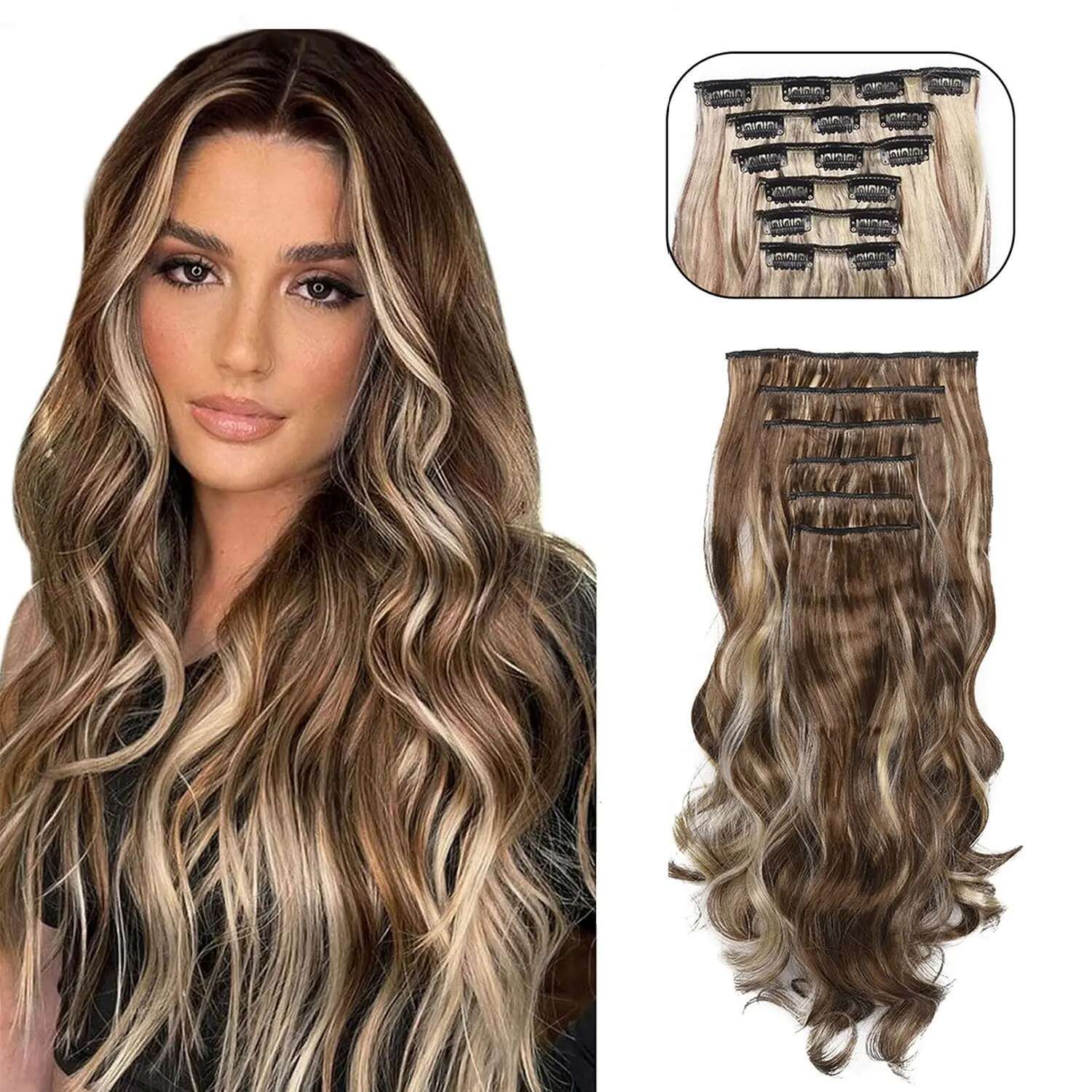 Clip In Long Wavy Synthetic Extension 24 Inch Black 6Pcs Thick Hairpieces Fiber Double Weft Hair For Women