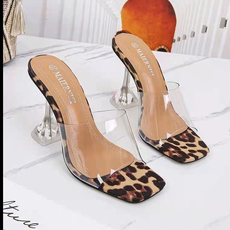 Designer Casual Versatile Trendy High-heeled Sandals, Oversized Summer Leopard Print Transparent Strap, Fashionable Square Open Toe Women's Shoes