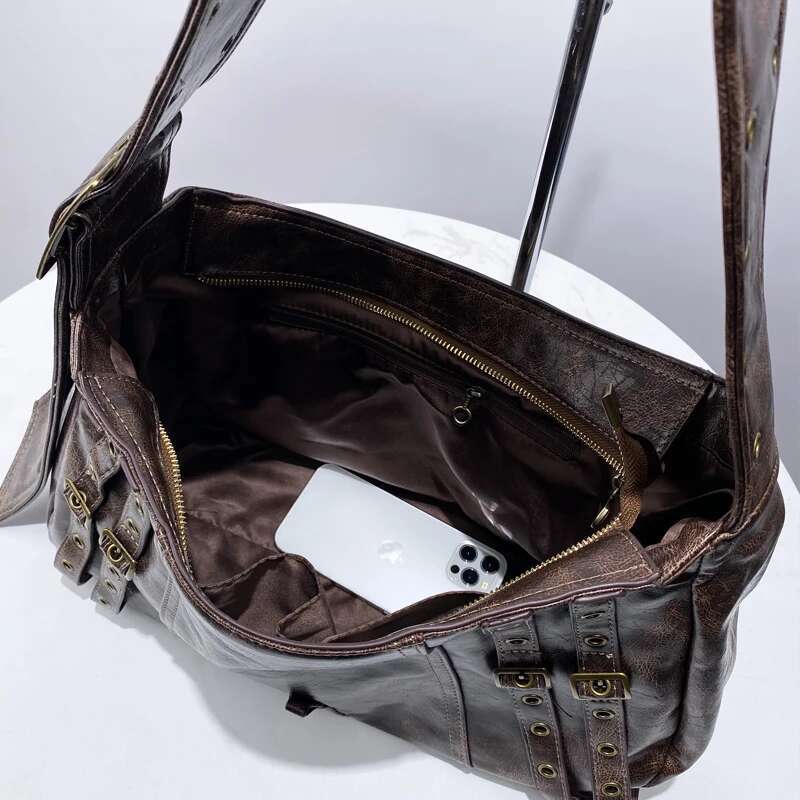 Moto & Biker Bags For Womens Designer Handbags And Purses New In PU Vintage Oil Wax Leather Belt Wide Strap Shoulder