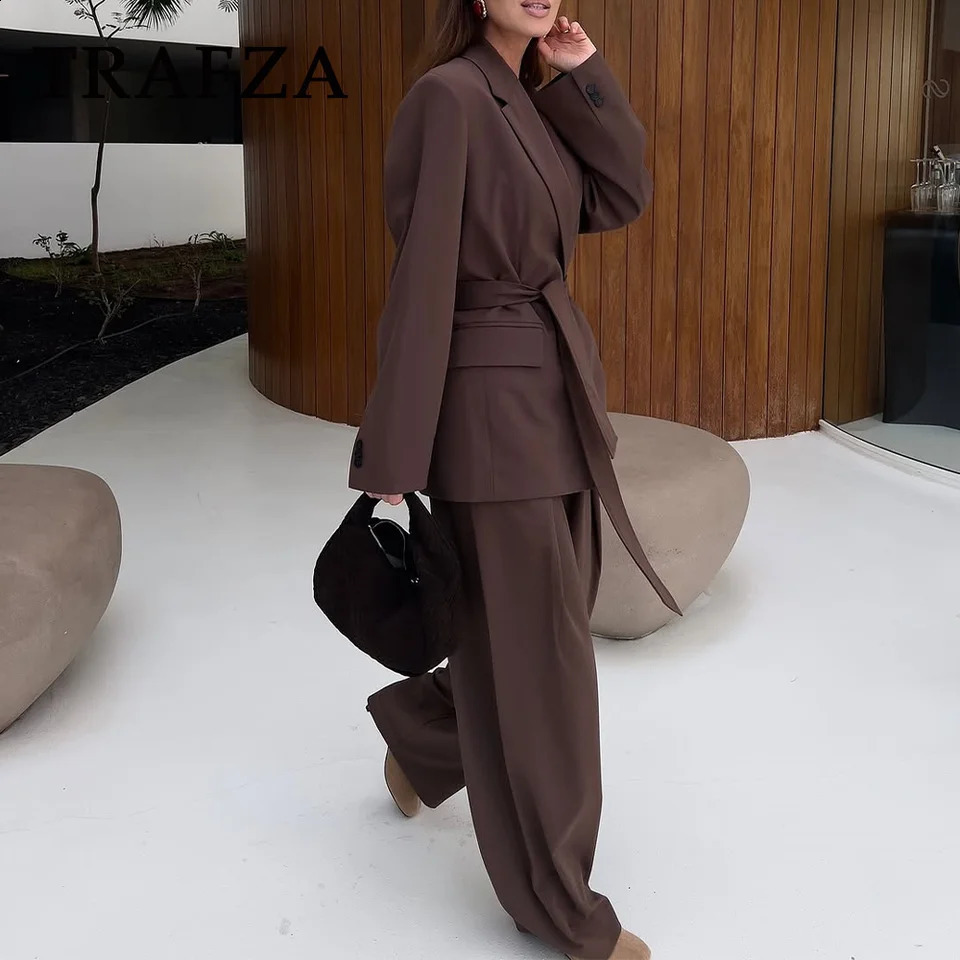 TRAFZA 2025 Spring Summer Office Lady Elegant Solid Women Suit Fashion Casual Sashes Straight Shrug Blazer Chic Zipper Long Pants 250225