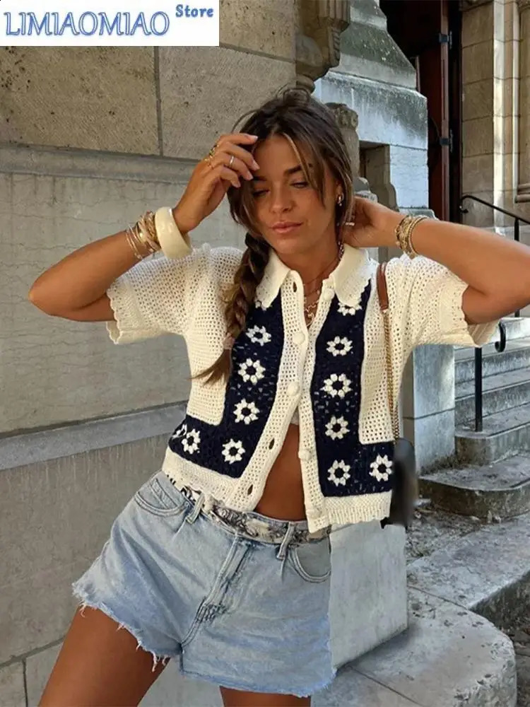Elegant Crochet Hollow Out Tops Women Lapel Short Sleeved Crop Knit Sweater Lady Casual Button Office Knitwear Cardigan 250226