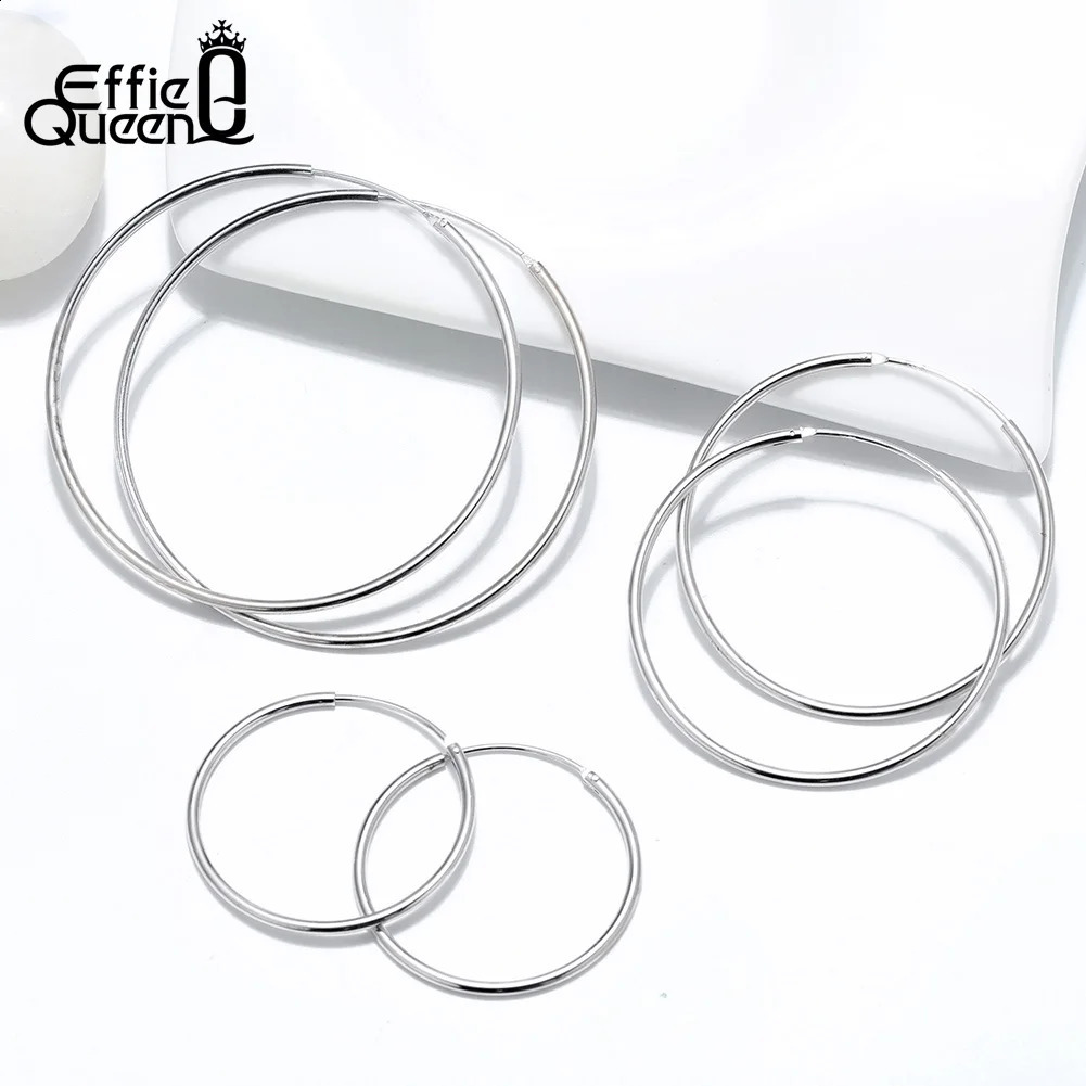 Effie Queens simple pure silver large hoop earrings with different sizes of 30mm 40mm 50mm. Minimum style earring accessories 250228