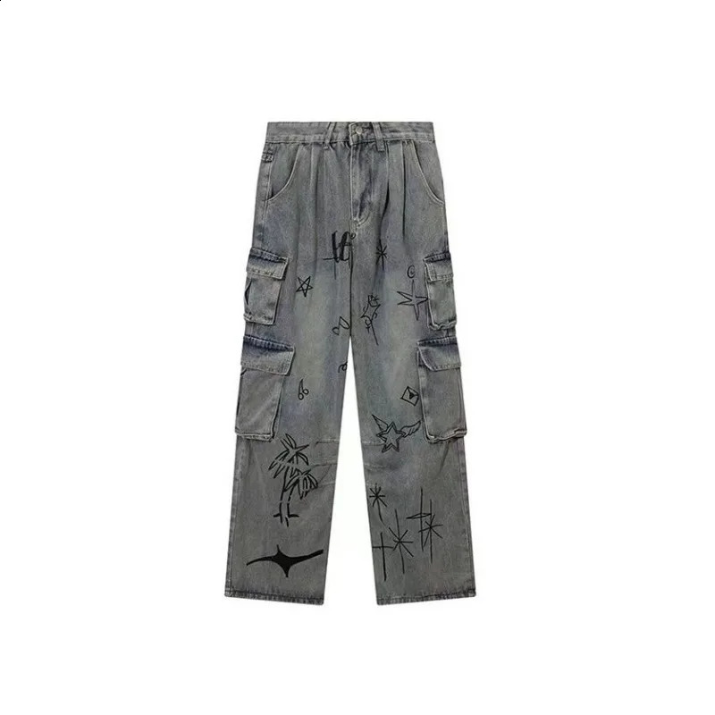 European and American Street Fun Graffiti Multi Pocket Work Jeans Women Spring High Waist Loose Wide Leg Floor Dragging Pants 250224