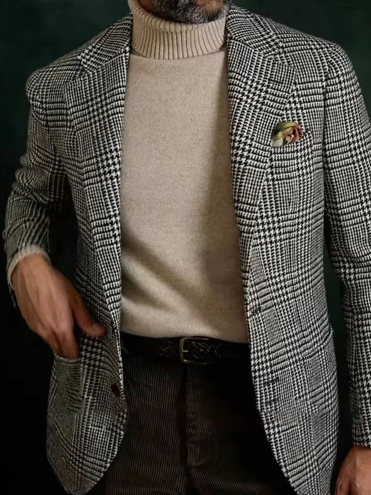 mens clothing Houndstooth Business Blazer for Men Plaid Notched Lapel Single Breasted Suit Jacket Formal Male Fashion Plaid Coat 250224