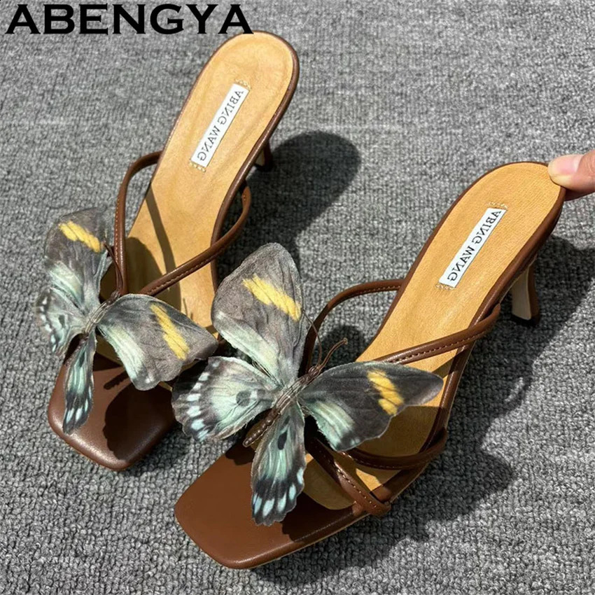Multicolor Beautiful Butterfly Flip Flops Mules Slippers Women Square Open Toe Thin High Heels Flower Sandals Woman Summer 250228