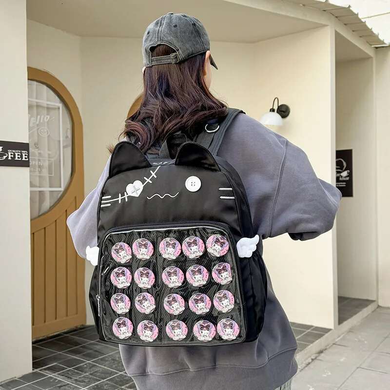 Y2k New Cute Cat Transparent Backpack Kawaii Haruku Girl Ita High-Capacity Student Knapsack Teenage DIY Display School Bag