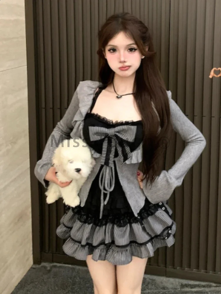 Autumn Winter Lace Bow 3-piece Set Womens Aesthetic Vintage Slim Long Sleeve Cardigan Elastic Waist Ruffle Short Skirt Suit 250225