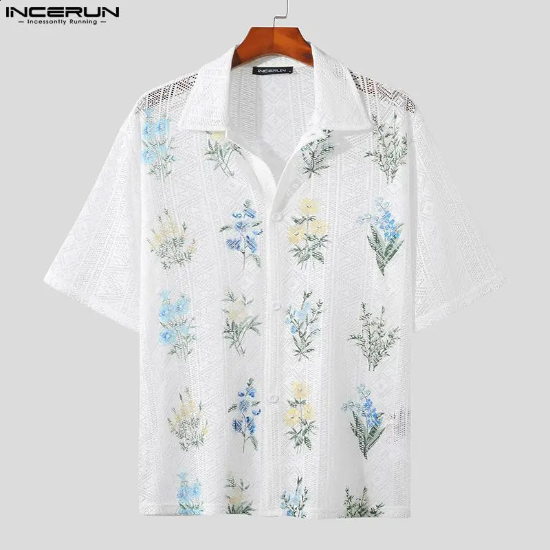 Mens Shirt Printed Mesh Hollow Transparent Collar Short Sleeve Mens Street Clothing Casual Camisas INCERUN 250224