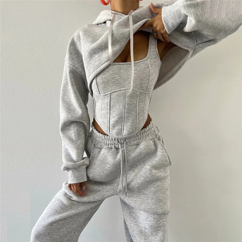 Vsstiar Women Three Piece Set Long Sleeve Hooded Crop Top Irregulary Tanks Pockets Pants Casual Tracksuit Fashion Female Clothes