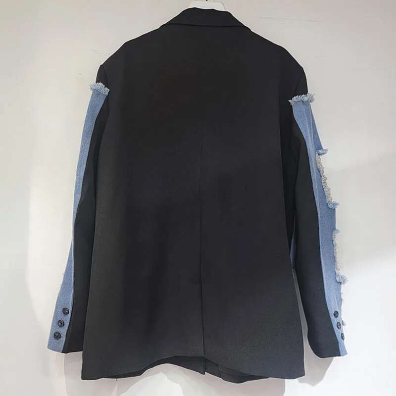 DEAT New Fashion Women's Contrasting Color Patchwork Suit Denim Jacket Loose Notched Long Sleeve Coat Female 2024 Autumn 11A0985