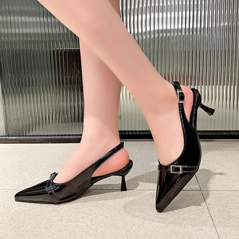 Women Summer Sandals Temperament Black Sandals Pointed Toe Kitten Stiletto Heel Buckle Shoes 250228