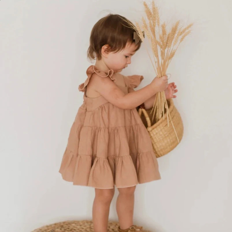 Ruffles Lace Girls Beach Dress Summer Vintage Linen Cotton Infant Kids Dresses for Girls Clothing Toddler Girls Cake Dress Child 250228
