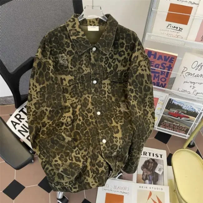 Trendy Leopard Slipsdenim Jacket For Men And Women Casual Loose-Fit Hip Hop Style Niche Heavy Duty Distressed Jacket 250228