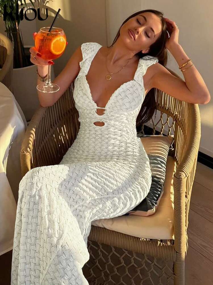 Kliou Patchwork Long Dress Women Summer Concise Romantic Ruffle Sexy Backless Crochet Vestidos Fashion Mujer Party Evening Wear
