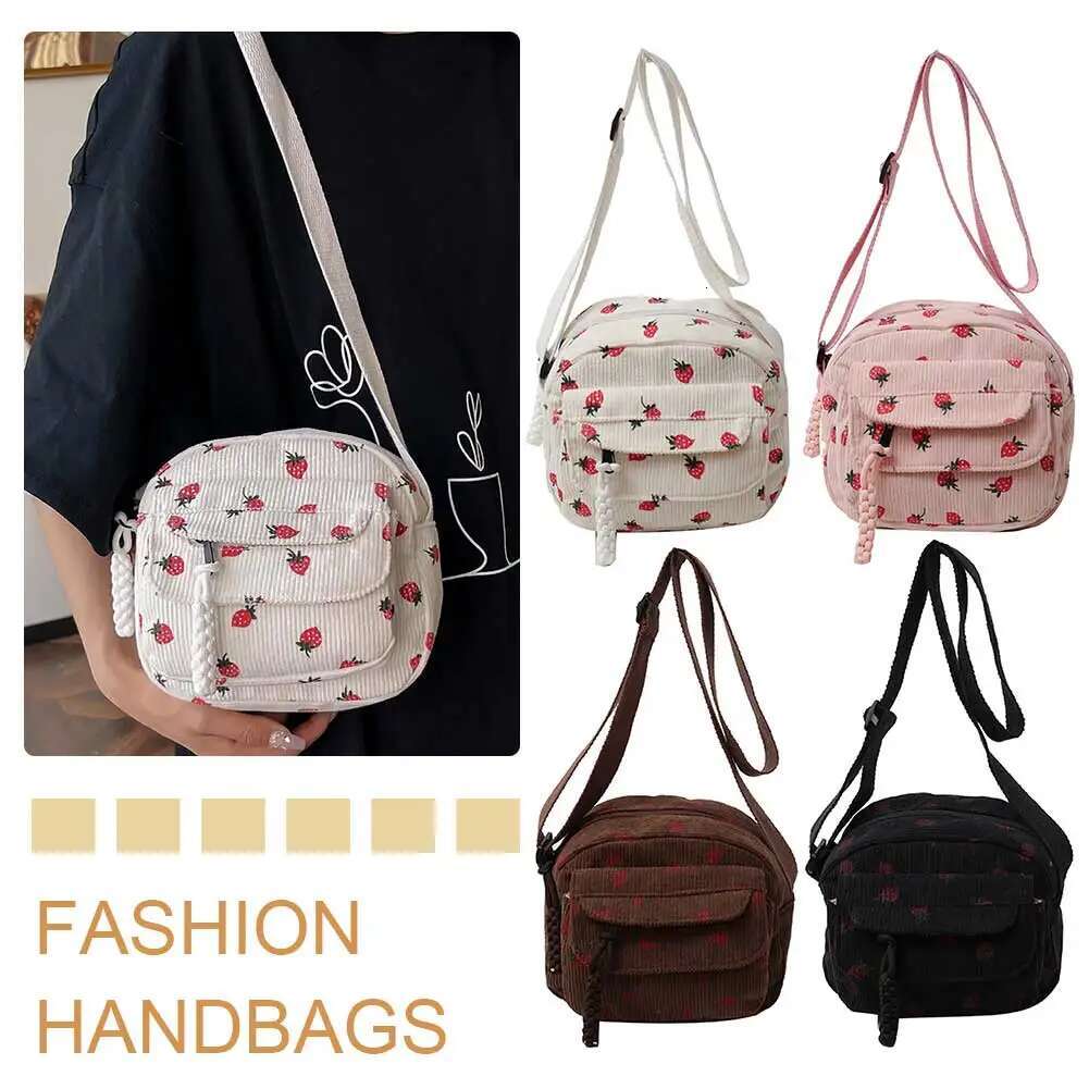 Cute Strawberry Fashion Slant Corduroy Shoulder Bag With Casual Zipper For Women