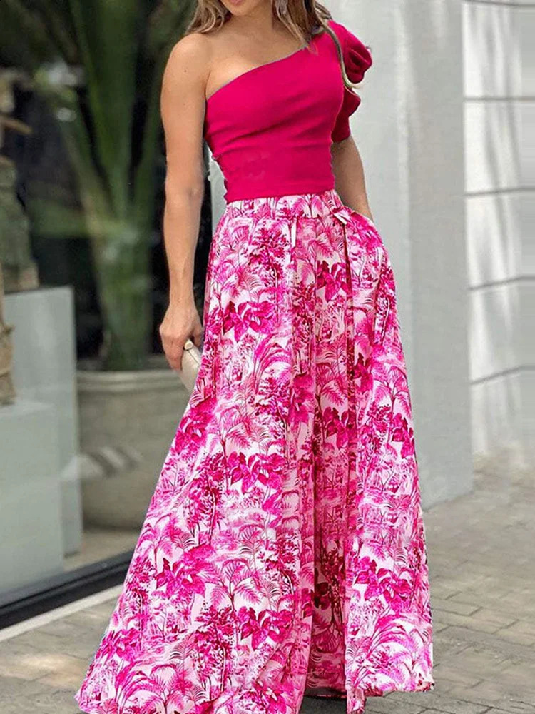 Womens Elegant Summer Loose Set Sexy Slant Neck Solid Cut Shirt and Printed Pocket Wide Leg Pants Set Waist Set 250225