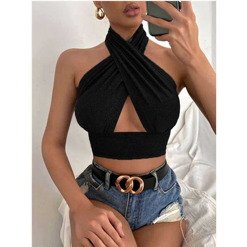 Summer Tank Women Solid Cross Halter Camis Backless Crop Tops Female Camisole Cropped Top Slim Sleeveless Streetwear