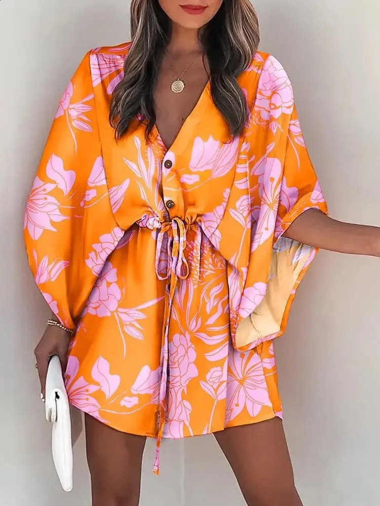 Summer Bohemian Mini Dress Flora Printed Batwing Sleeves Lace Top Vneck Loose Button Beach Party Vestido 250227Z