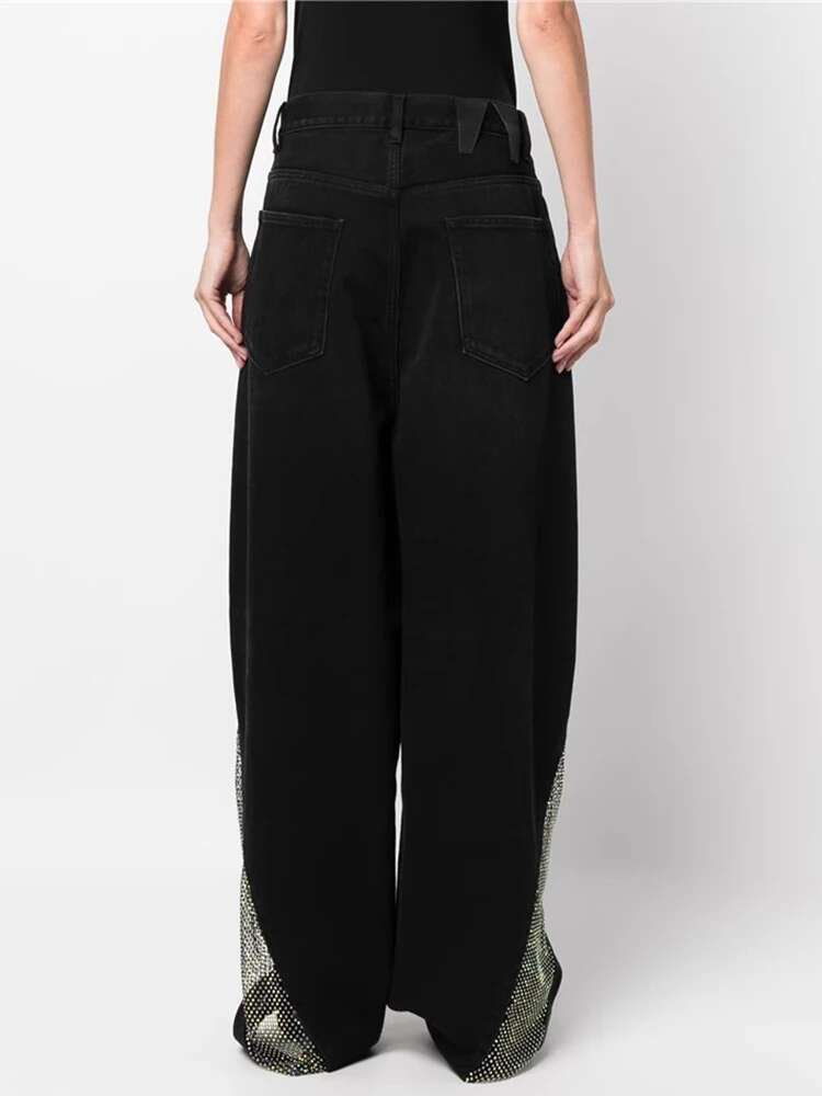 DEAT Fashion Women Jeans High Waist Hollow Out Perspective Grid Laser Nail Drill Pockets Wide Leg Pants Summer 2024 New 7Ab4277