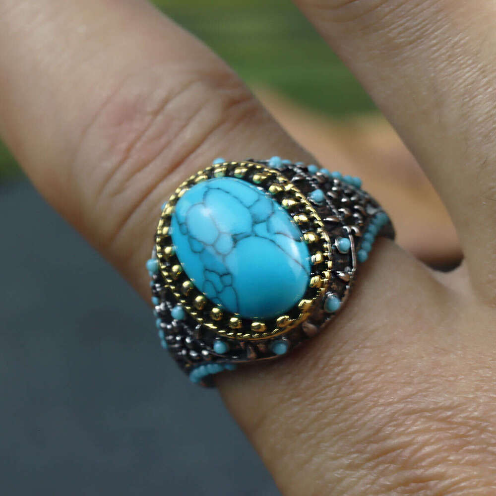 Personalized ethnic style turquoise men's alloy electroplating two-color ring bracelet
