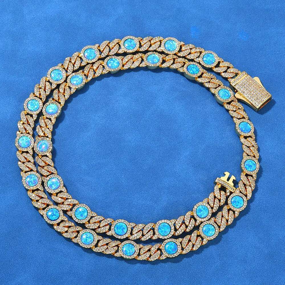 Hip Hop Jewelry 8mm Wide Fashionable Men's And Women's Blue Opal With Cubic Zirconia Sparkg Cuban Chain Necklace