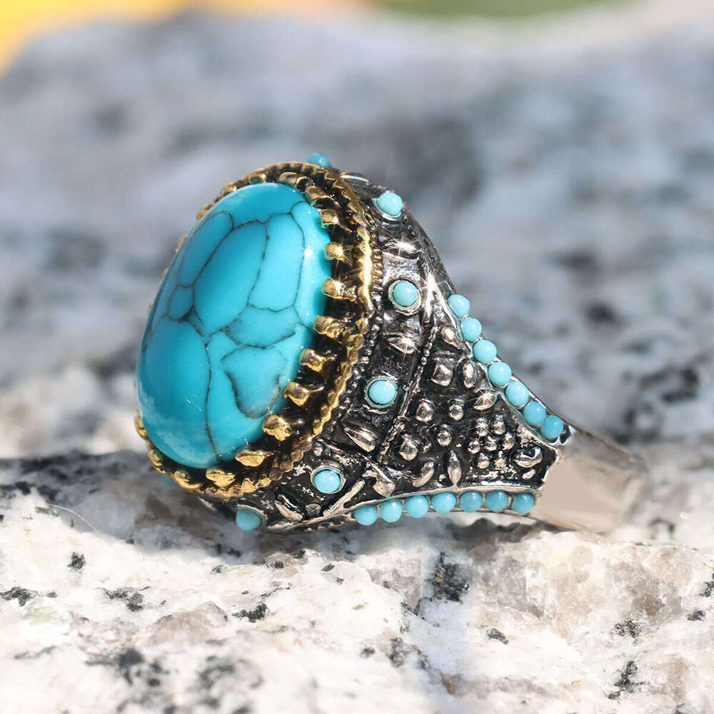 Personalized ethnic style turquoise men's alloy electroplating two-color ring bracelet