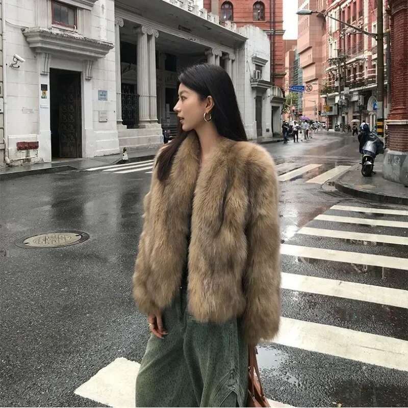 New Korean Fashion High End Fox Coat for Winter Clothes V-neck Warm Brown Short Fur Jackets Women Tops