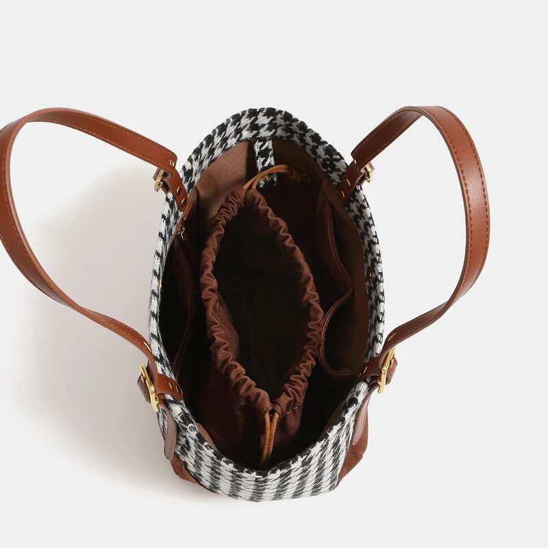 England Style Houndstooth Tote Bag For Women Designer Handbags Purses New In Woolen With Inner Pocket Cloth Shoulder