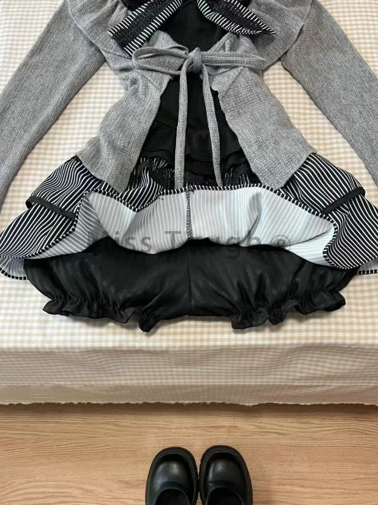 Autumn Winter Lace Bow 3-piece Set Womens Aesthetic Vintage Slim Long Sleeve Cardigan Elastic Waist Ruffle Short Skirt Suit 250225