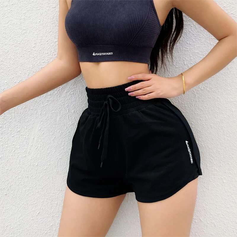 Summer Outdoor Jogging Women's Yoga Drawstring Fiess Shorts Solid Color Pants NAQIYAYABEI