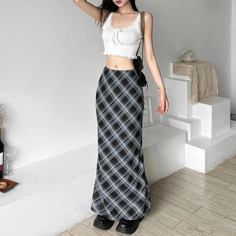 Aesthetics Retro Plaid Print Mesh Long Skirts Y2K Vintage 90s Low Waist Double Layer Straight Midi Skirt Korean Fashion Clothes 250228