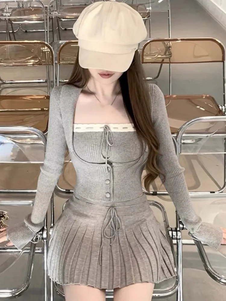 Y2k Sweet Outfits Woman Solid Knitted Cropped Patchwork Vest Slim Cardigan Mini Pleated Skirt Spring Korean Chic 3 Piece Set 250225